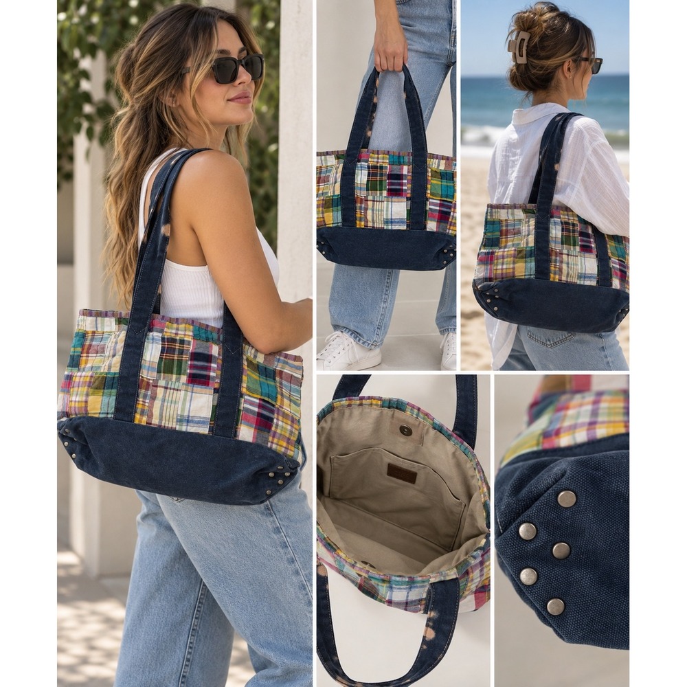 J.Crew Madras Patchwork Canvas Tote Bag Navy Preppy Plaid